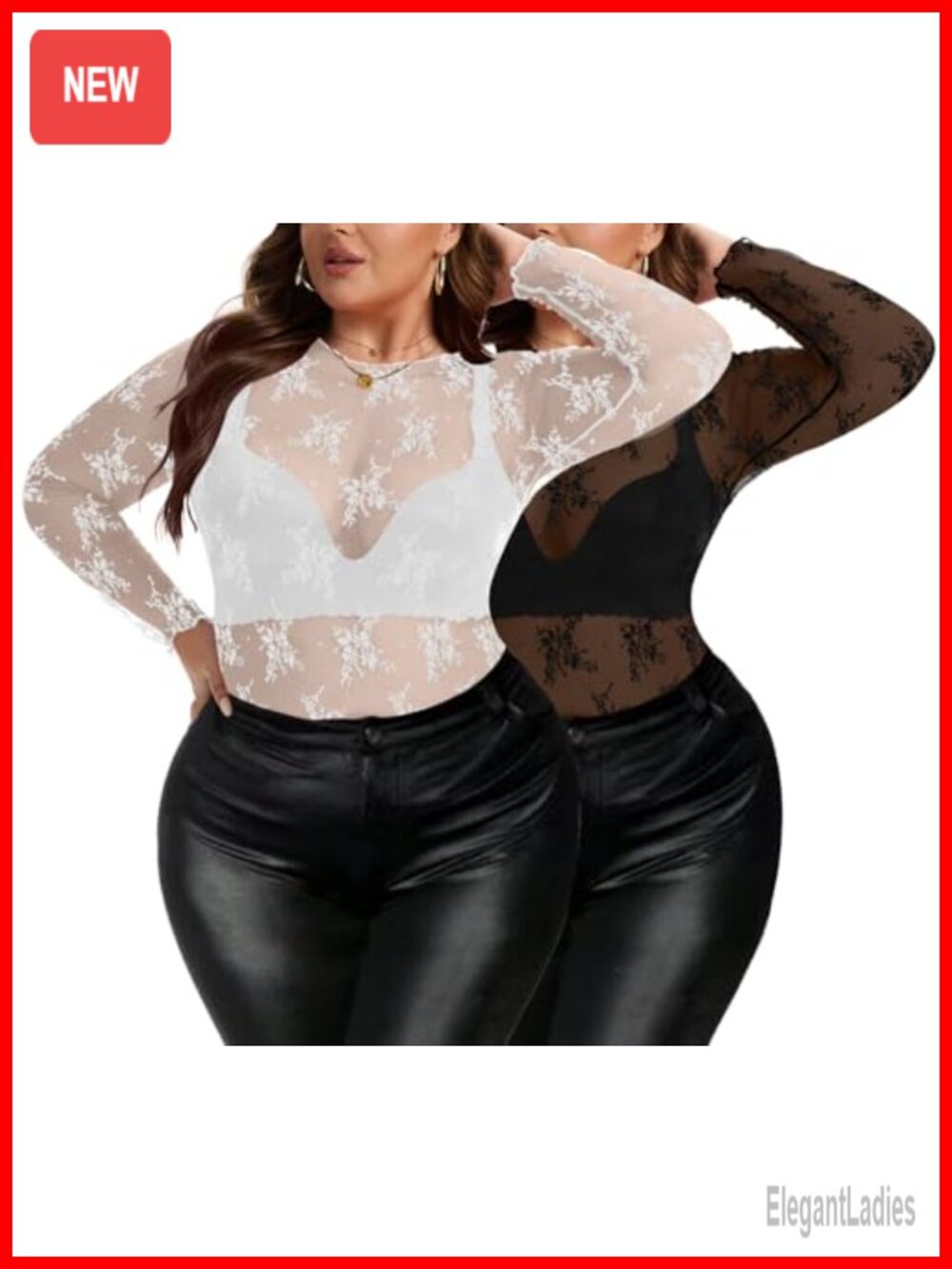 Lace Mesh Sheer Floral Mock Neck Long Sleeve Blouse Top